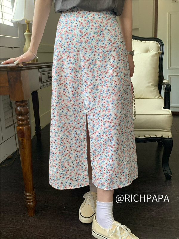 New in early summer! [rich Papa] Vintage Floral split skirt q061# zxx