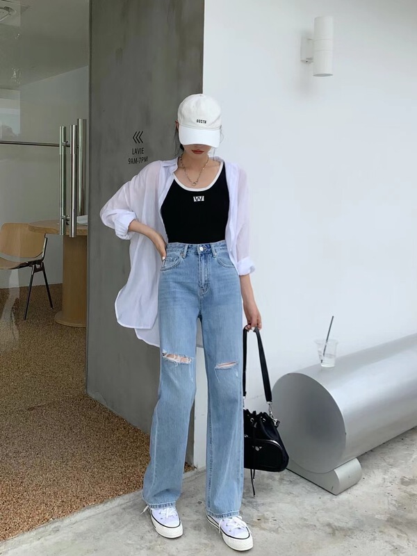 [buyer Yan Xuan - barb] Korean loose hole casual jeans f81036# Cl