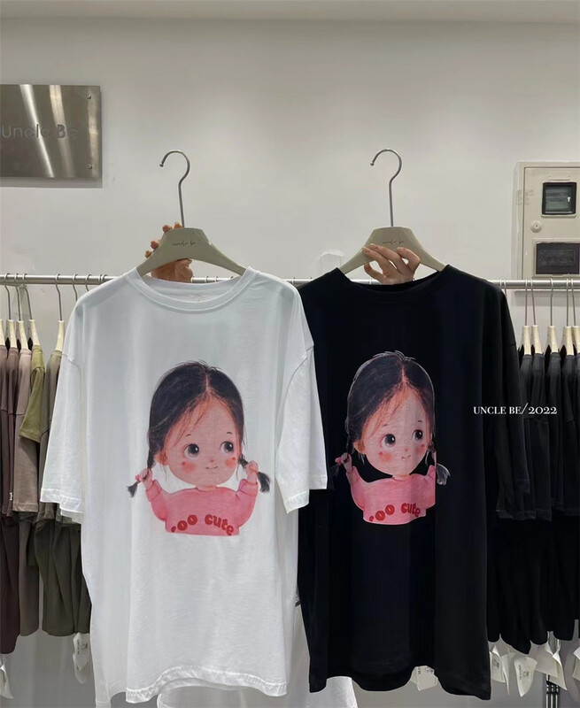 [UNC be] Korean loose double ponytail pink girl short sleeve T-shirt 3076# XYY