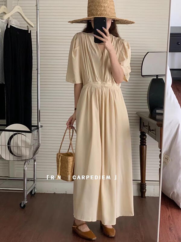 [R n] gentle V-neck bubble sleeve waistband medium length dress 81011# ll