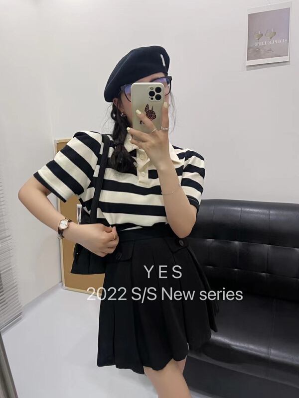 New in early summer! [yes] Korean striped Po Lo shirt + simple short pleated skirt set 7025# ozq