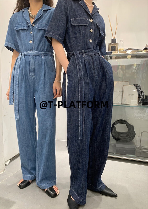 goods in stock! New in early summer! [t-platform] fashionable waist closing short sleeve denim Jumpsuit (with belt) 8335# zxx