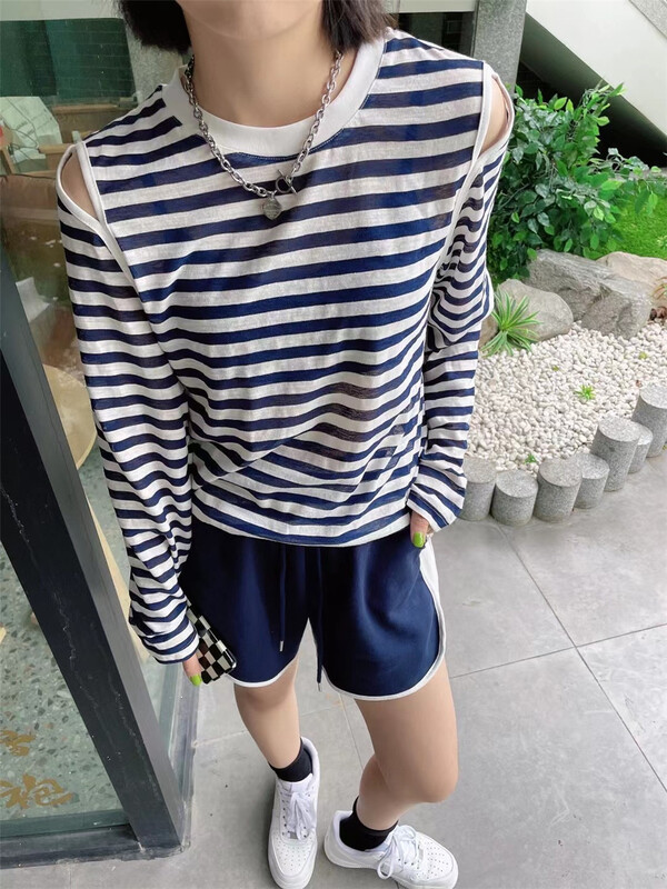[Xixi studio] striped niche long sleeve T-shirt + color blocked loose casual pants set 8933# XYJ