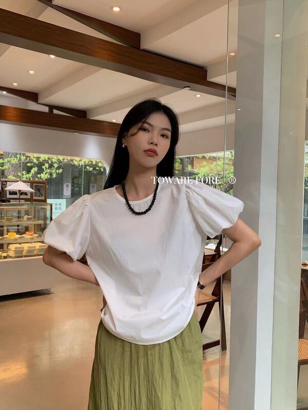 New in early summer! [ward front] bubble sleeve fashion simple blouse w6103# zxl
