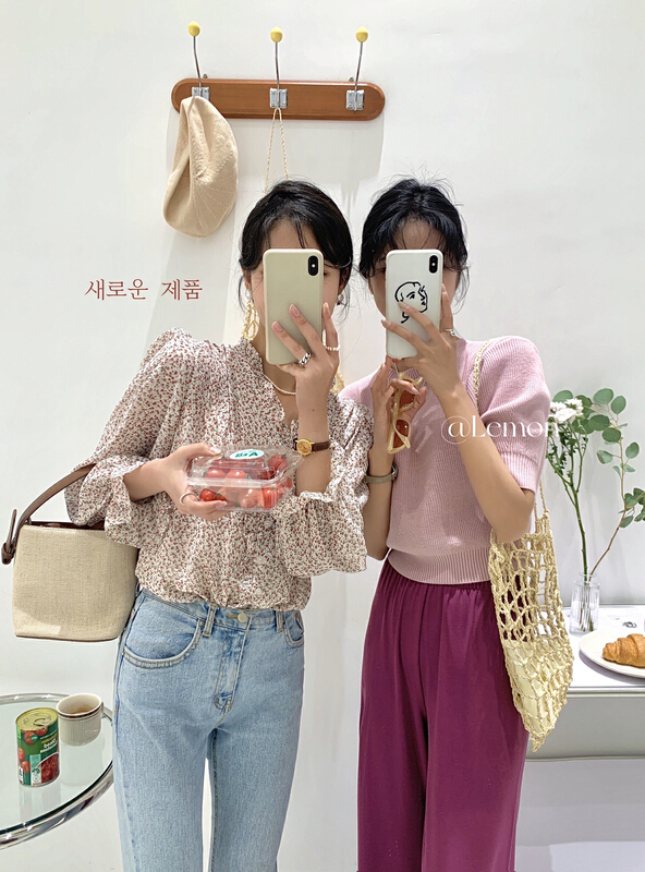 New year in early spring! [lemon green tea] elegant Floral Chiffon Blouse ys1-031# hjy