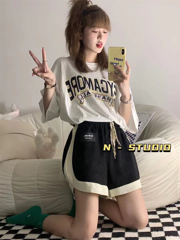 【N】 Korean lace up versatile color blocking casual shorts 0827# WTT