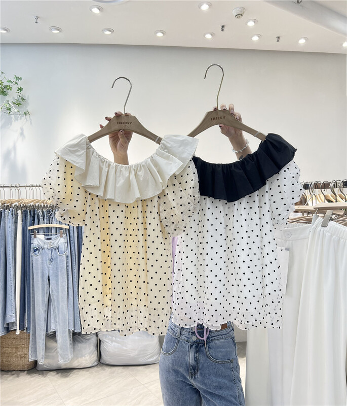 New in early summer! [iris iriisy] little woman wave dot printed chiffon blouse ys1-812# LSL