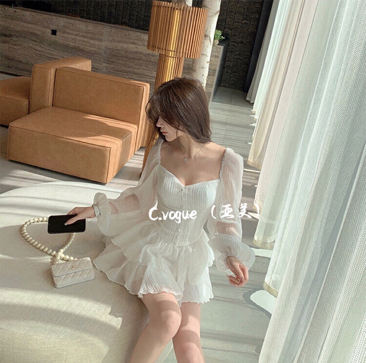 New year in early spring! [c.vogue] Korean sexy bubble sleeve square neck waist slim dress 2265# PCZ