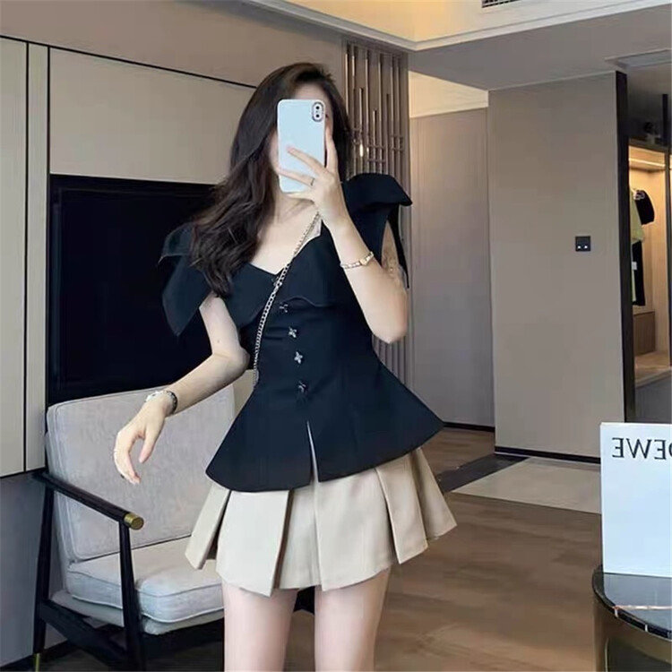 [Linna] niche design waist closing blouse + pleated age reducing skirt set 1538# zxx