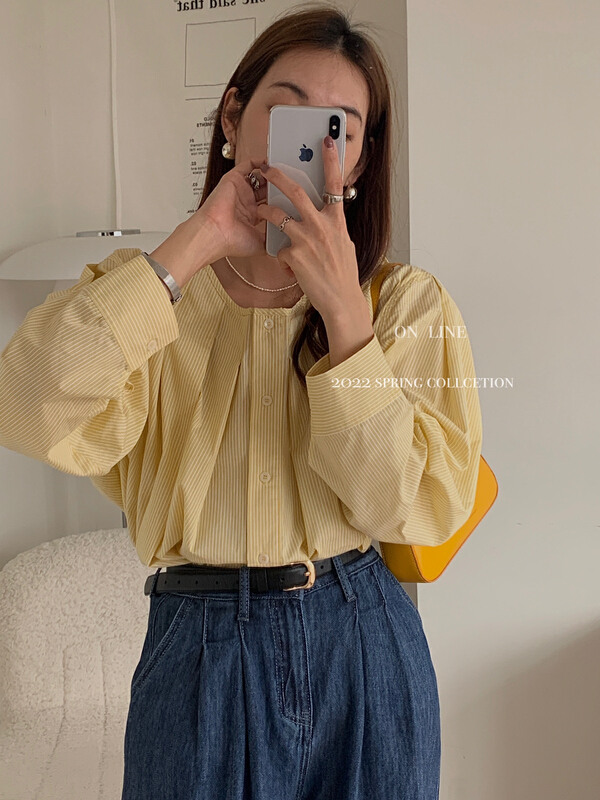 Original price 134.63! New year in early spring! [on line] round neck vertical stripe folding design baby shirt 7082# lwy