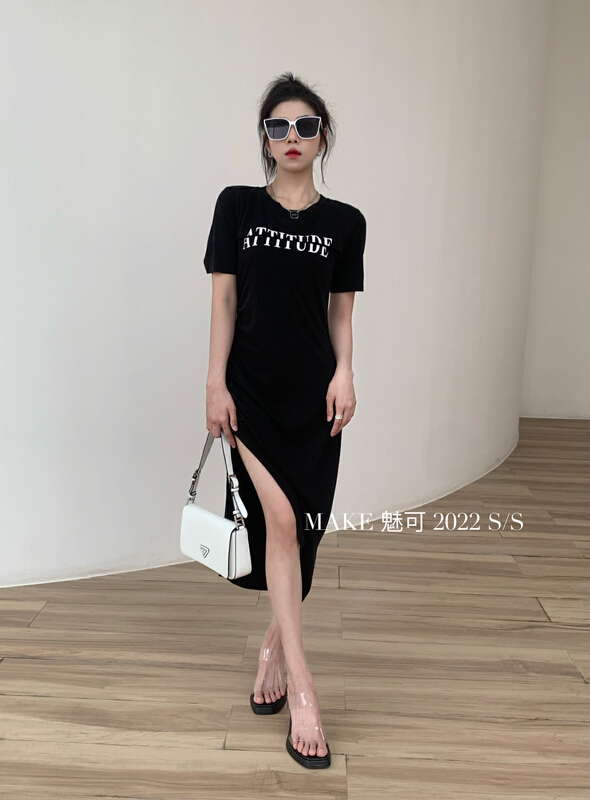 [make Meike] overlapping design letter side split dress 50088# XJ