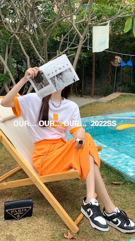 [our] Korean versatile contrast color short spray three-dimensional pattern short sleeve T-shirt 6871# LSW