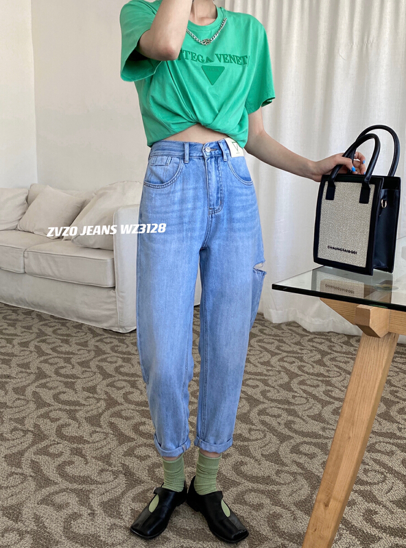 New in early summer! [zvzo] Korean cut hole slim fitting radish jeans wz3128# CLS