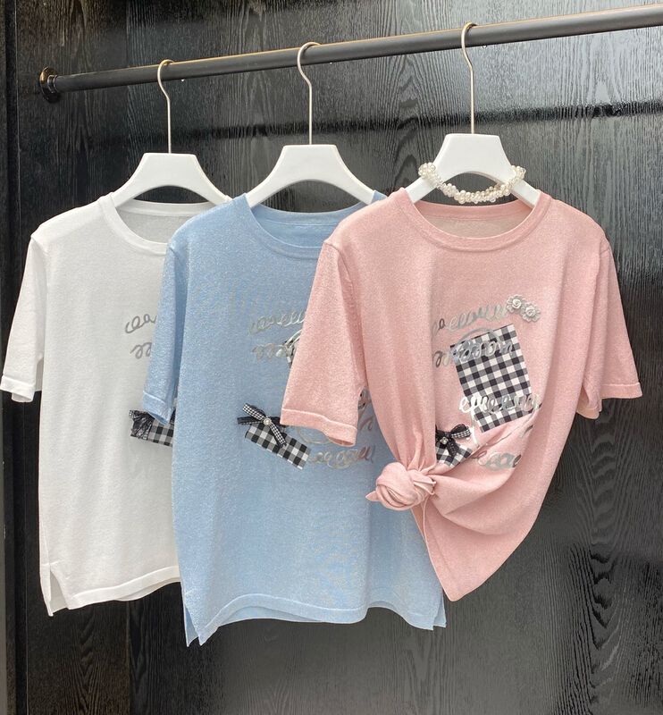[Feimao Philippine cat] round neck checkerboard three-dimensional floret short sleeve T-shirt 1017# LSL
