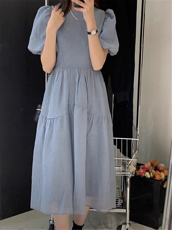 [strawberry] round neck bubble sleeve lady dress 880# L