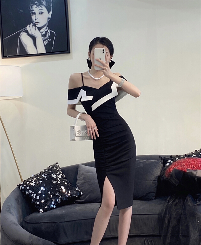 New in early summer! [Shibuya 109] temperament color blocking off shoulder thin dress 3939# JJ