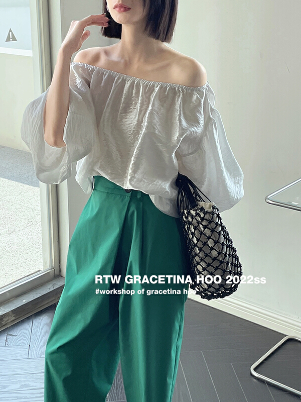 [gracetina Hoo] temperament glossy Satin lazy loose one shoulder blouse cs5170# zxl