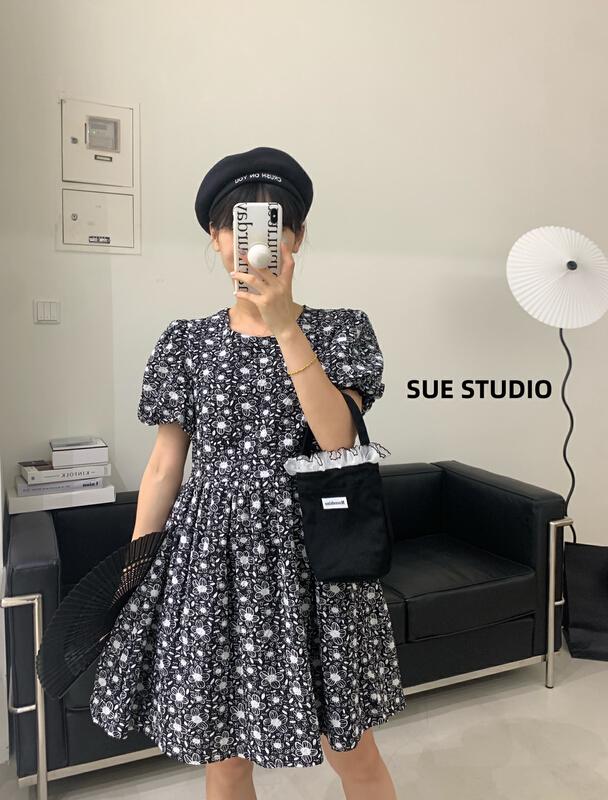 [Sue studio] craft printed bubble sleeves show thin temperament dress (dress only) 98002# zjy