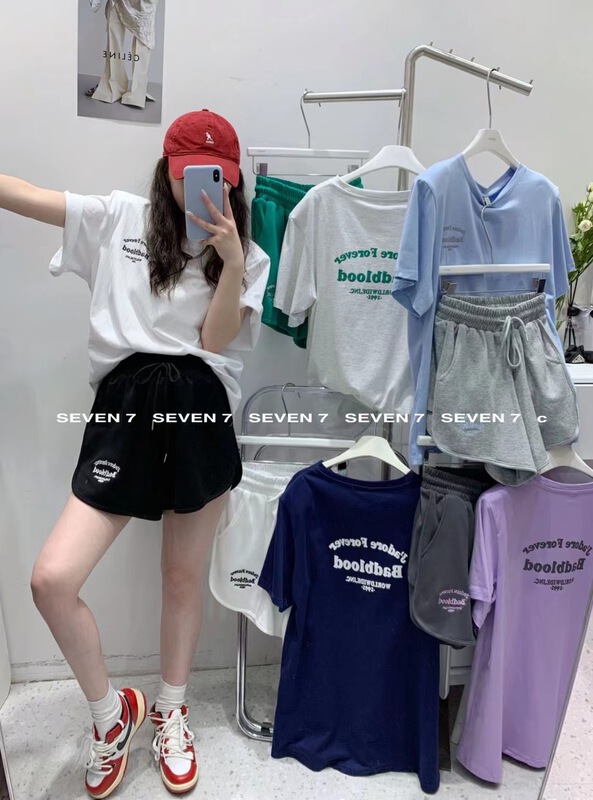 [seven 7] Korean round neck printed T-shirt + casual versatile Shorts Set 8190# WTT