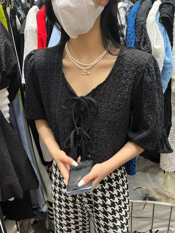 [Bella Bella] lace up solid short sleeved shirt 8160# WTT