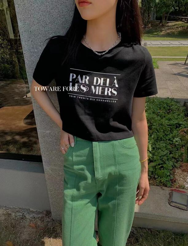 [today front] letter slim print short sleeve T-shirt w8016# zxl