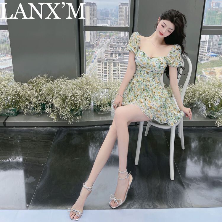 New in early summer! [lanxm] French romantic floral irregular dress 18032# JJ