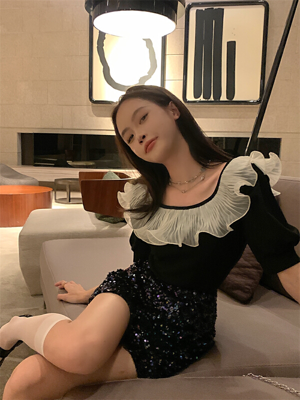 In early summer! [yes] French Chic contrast Ruffle short sleeve shirt 22029\ozq