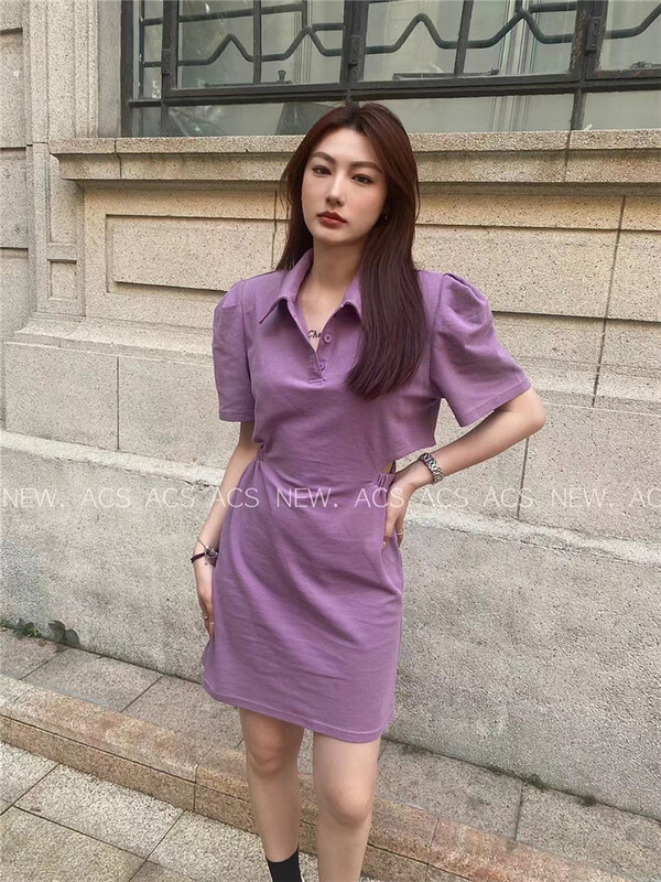 [ACS] Polo neck waist puff sleeve dress 8668# ozq