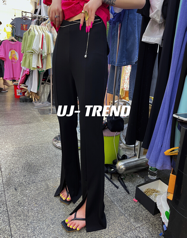 【UJTREND】褲直筒開叉垂感闊腿休閒褲(配腰鏈)  111#  WTT