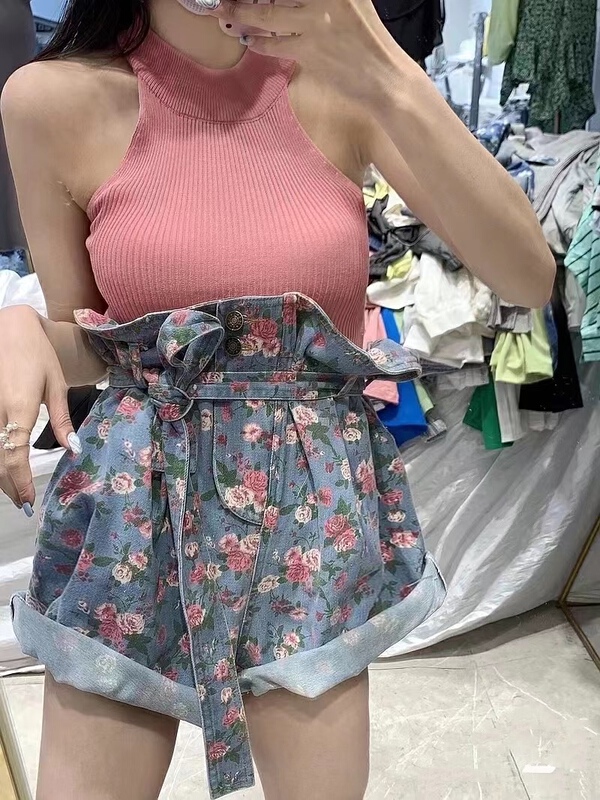 [Yan Zhen] print design sense niche denim shorts (with belt) 66228# PCZ