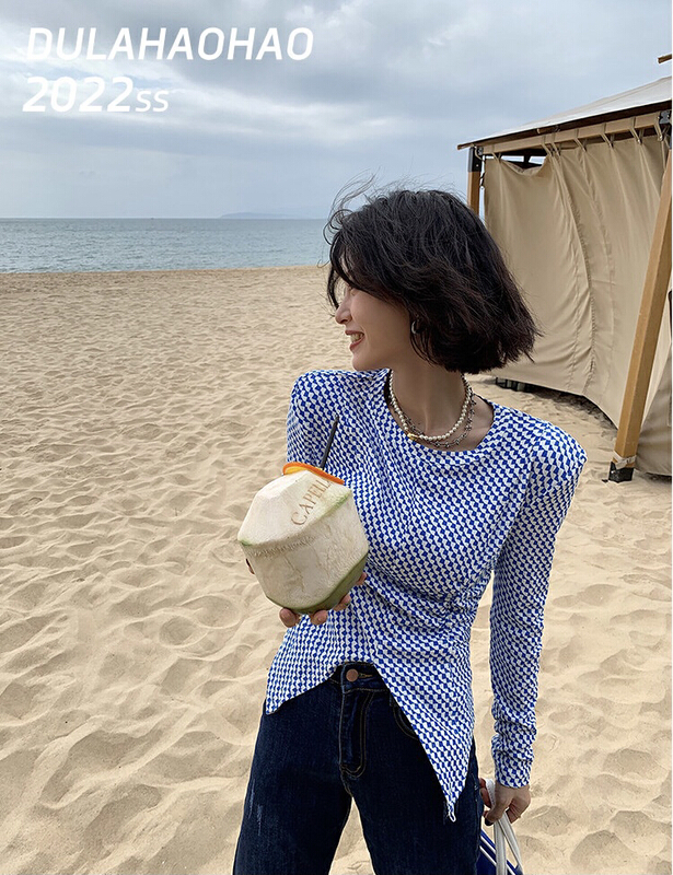 New year in early spring! [fan fan] Korean ins irregular hem round neck Lingge blouse (only selling blouses) 1033# JJ