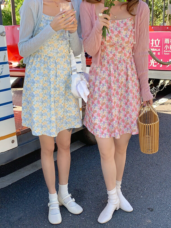 [twins] French floral slim suspender skirt + thin sunscreen shirt two piece suit 8825# hjy