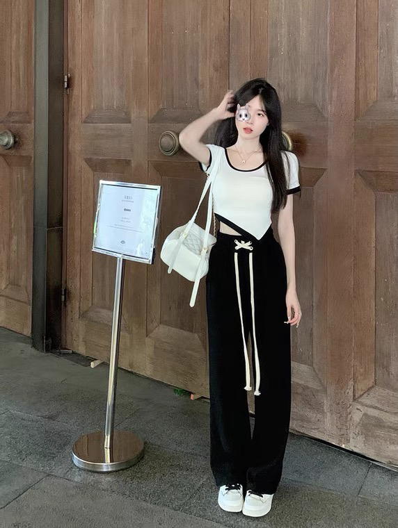 [L.L studio] irregular color contrast short sleeve T-shirt + high waist and wide leg casual pants set 7656# PCZ