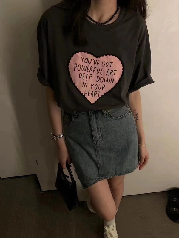 [misu +] round neck loose love short sleeve T-shirt 80588# ZZL