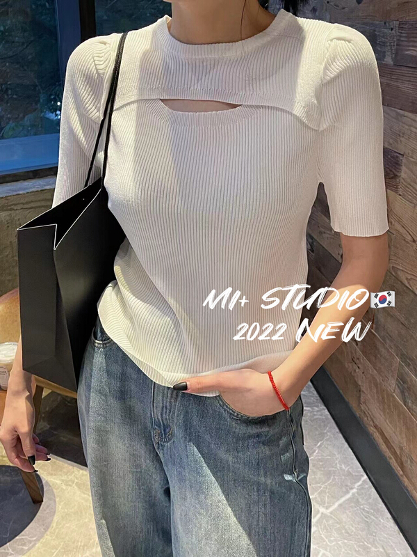 [Mi +] Korean crew neck hollowed out short sleeve sweater 2016# ozq