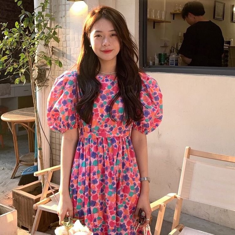 New in early summer! "MIMOSA" Korean flower printed dress (with waist rope) 5861# CL