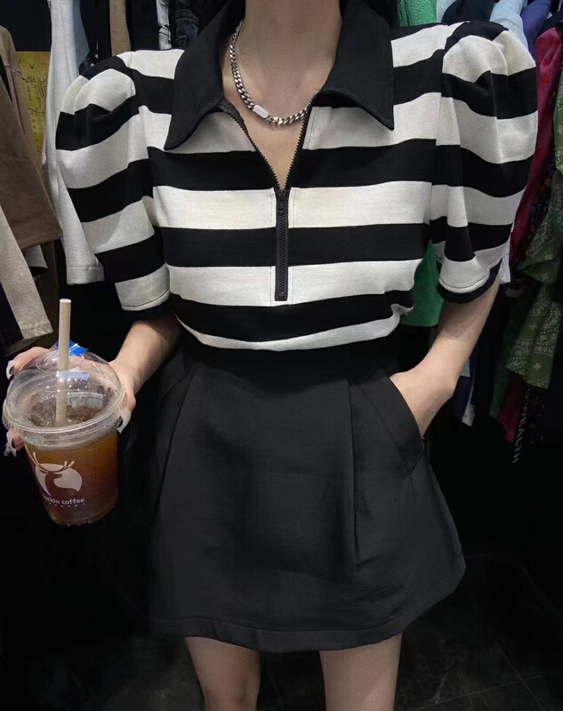 [MI] Korean bubble sleeve stripe short sleeve T-shirt (T-shirt only) 9580# PCZ