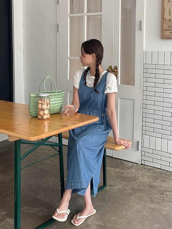 [next station] Korean Vintage denim vest drawstring dress 22231# zjy
