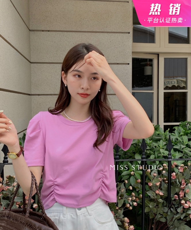 [miss miss miss home] crew neck solid color versatile short sleeve T-shirt y8827# zjy
