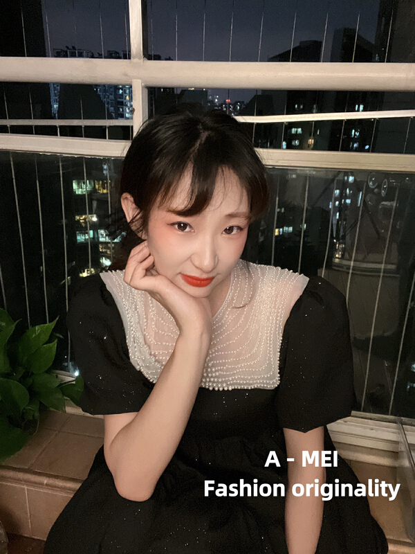 [A Mei A Mei] round neck pearl foreign style thin dress 22812# PCZ