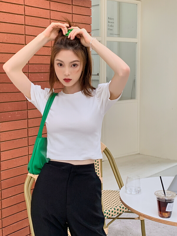 [hempure] Korean Keng stripe bubble sleeve short short sleeve T-shirt s22220090# lwy
