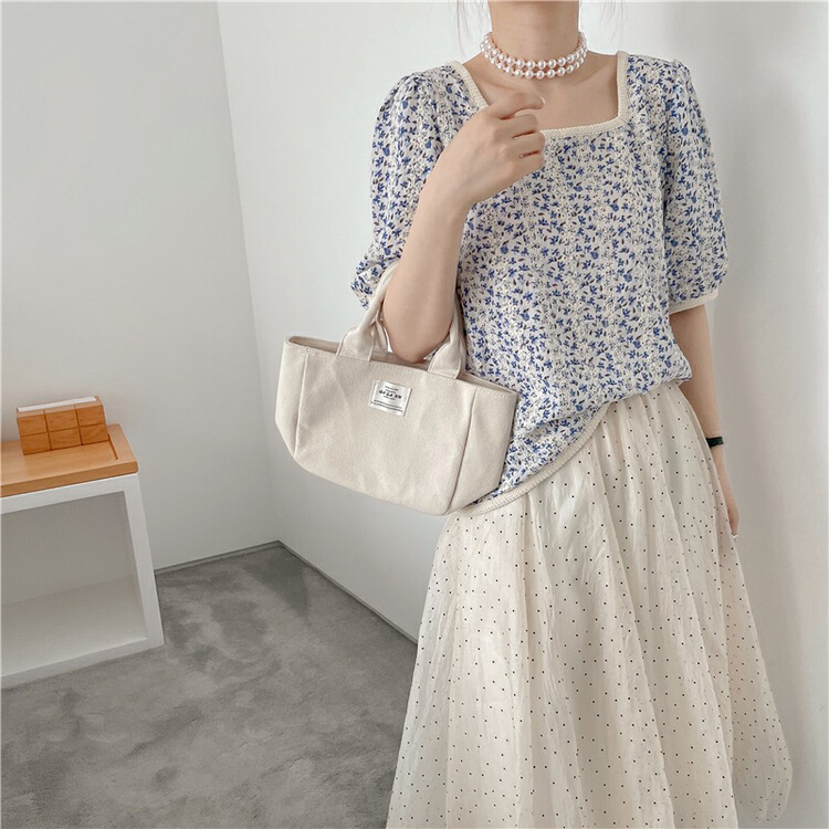 [LML] Vintage Embroidery Floral square collar Korean version small fresh short sleeve T-shirt 9458# ozq