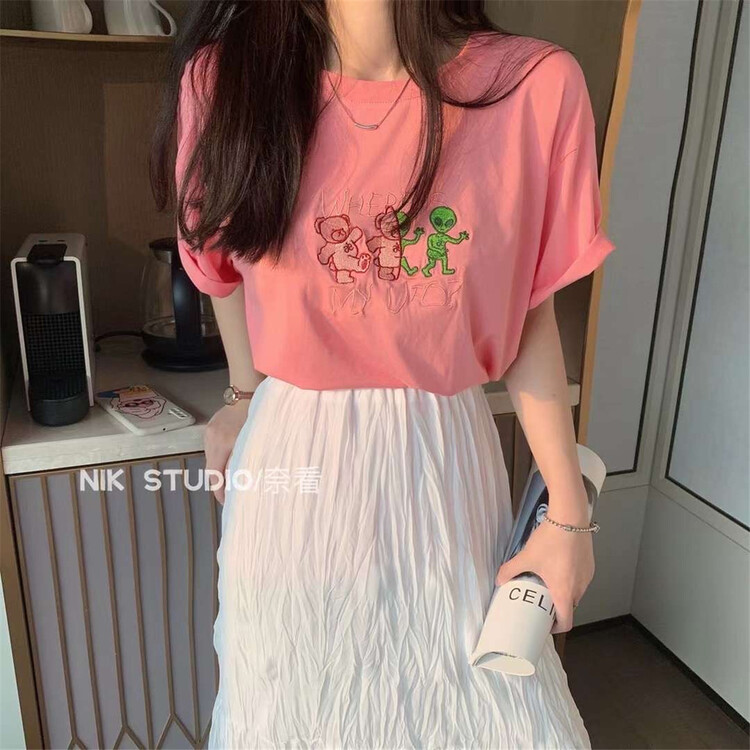 Original price 39.48! New in early summer! [Naikan Nik] crew neck Pullover alien embroidery short sleeve T-shirt 8123# lwy