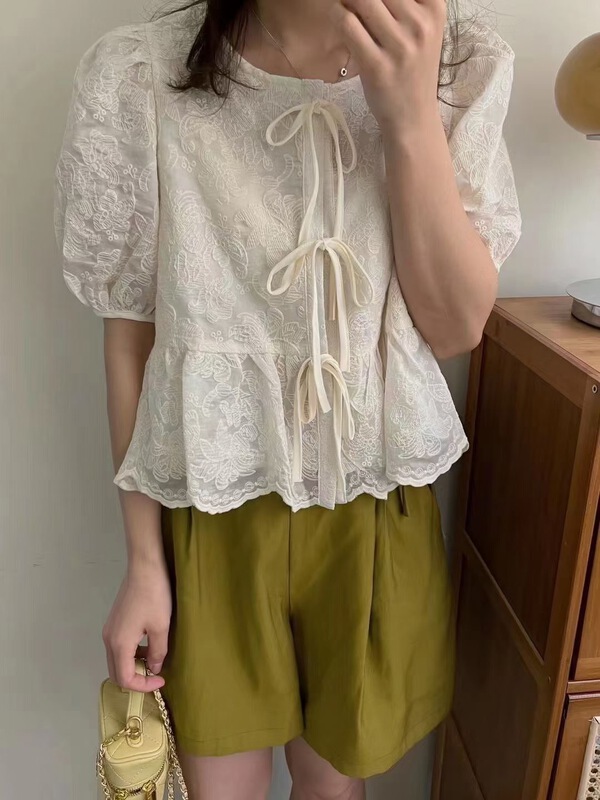 [m.zi studio] design sense lace up embroidery blouse 5696# HBx