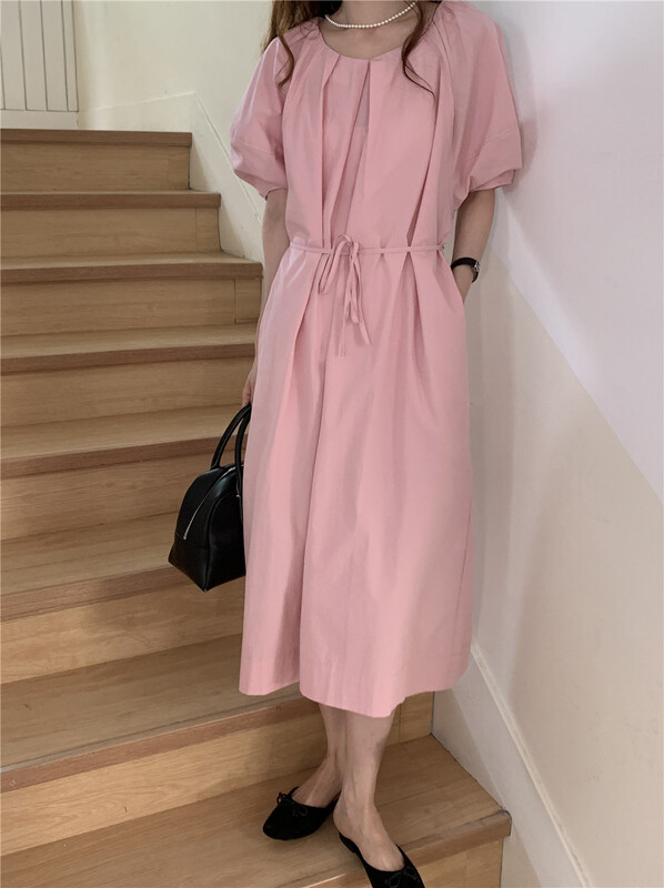 [new post] Korean Solid Color Bubble Sleeve slim dress (with waist rope) np6658-a1# cqw