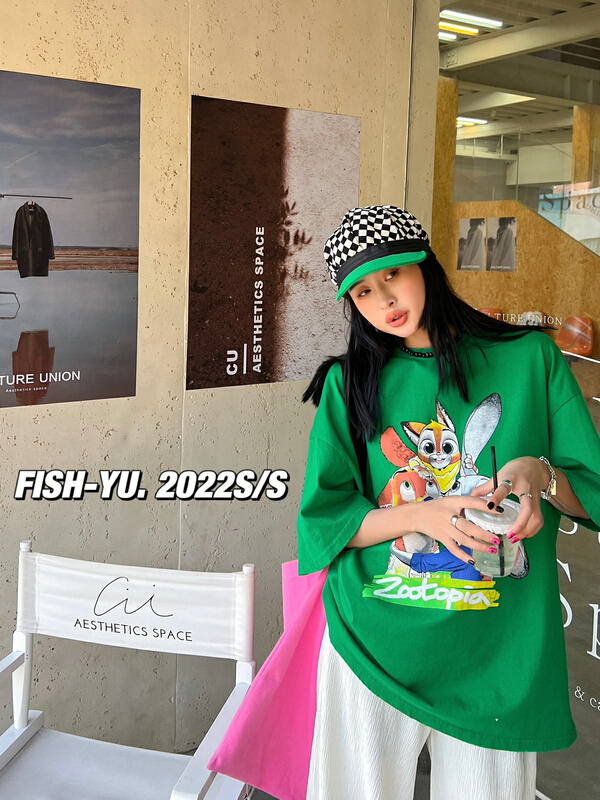 [fish Yu] cartoon nostalgic printing wash water short sleeve T-shirt 22102# LSL