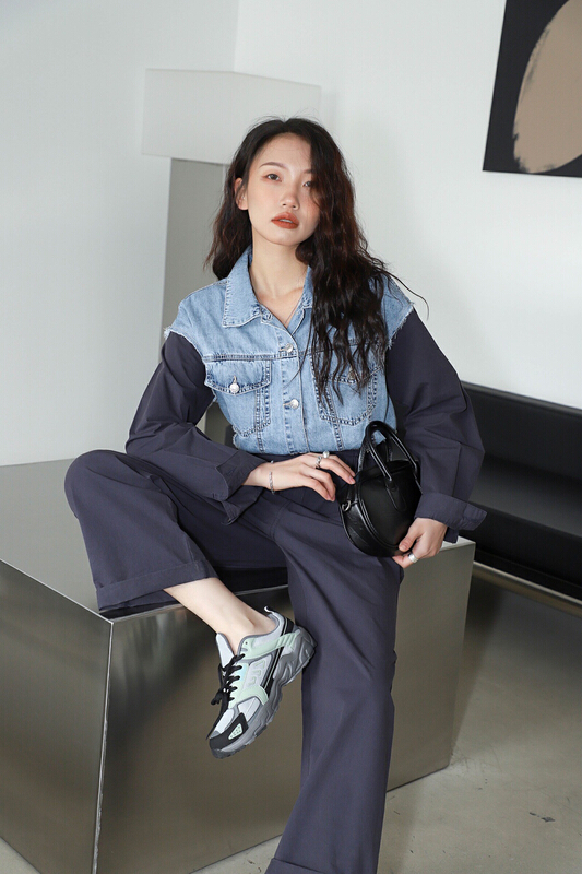 New year in early spring! [Za] Vintage denim stitched waist closing overalls 21138# LSL