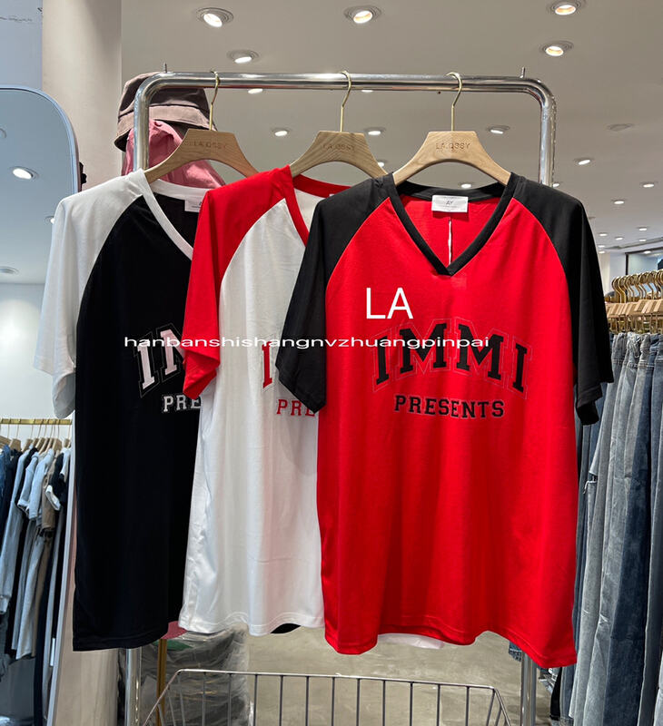 [laqssy] letter retro contrast short sleeve T-shirt 9006-1# zyh