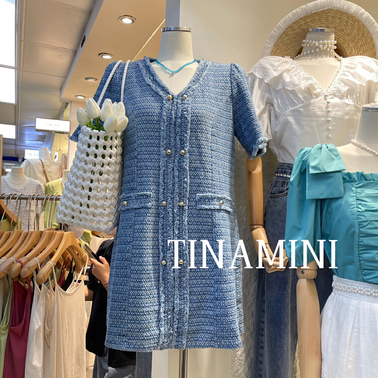 New in early summer! [Tina Mini] small fragrance V-neck single breasted dress m0102# hjy