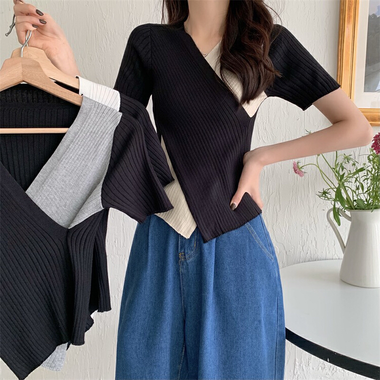 New in early summer! [F.P.] simple contrast cross V-neck short sweater 23187# HBx